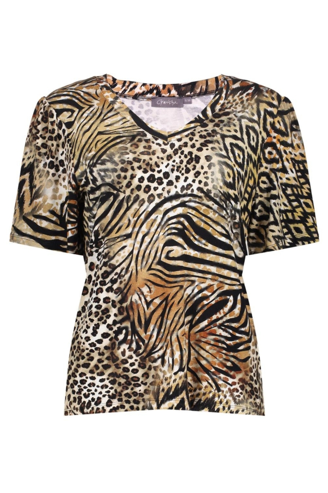 JAZZ T SHIRT MET V HALS EN PRINT 52445 60 000775 BROWN/BLACK